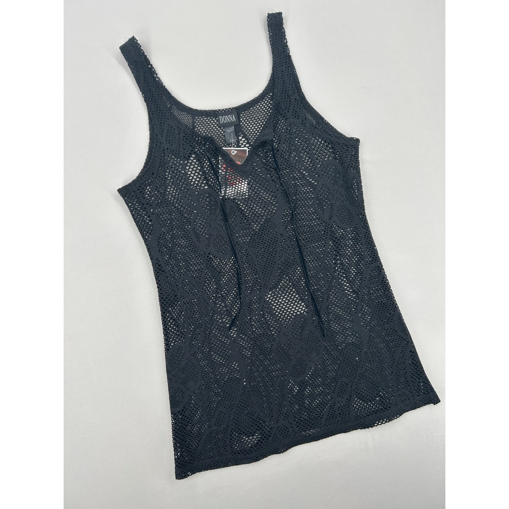 Donna Black Crochet Knit Lace Up Front Tank Top Floral Mesh Cover Up Medium - Picture 3 of 11